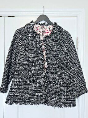 Signature Collection Black White Tweed Fringe Blazer Paris Lined